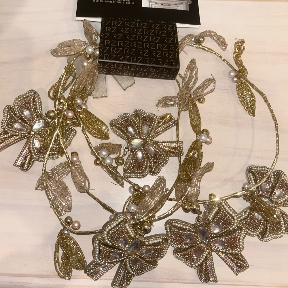 Rachel Zoe Gold & Pearl Beaded Bow Garland 6 Feet Christmas Mantel Tree Decor